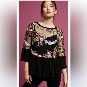 Eri + Ali Anthropologie Black Sheer Floral Embroidered Peplum Top